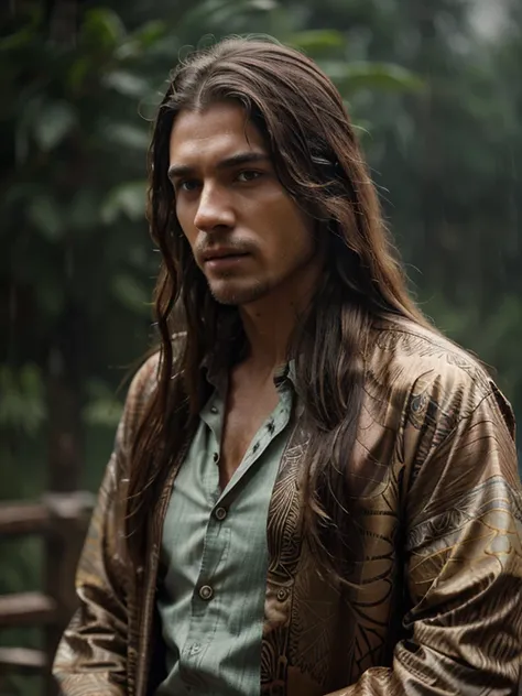 Rain, wilderness, man with batik shirts,long hair, steamy, haze, Timeless, ethereal, Hyper-realistic, Ultra photo realism, tmasterpiece, 8k, in focus, Detailed hair, highly detailed, high quality, High definition, cinematic perspective, rainy weather