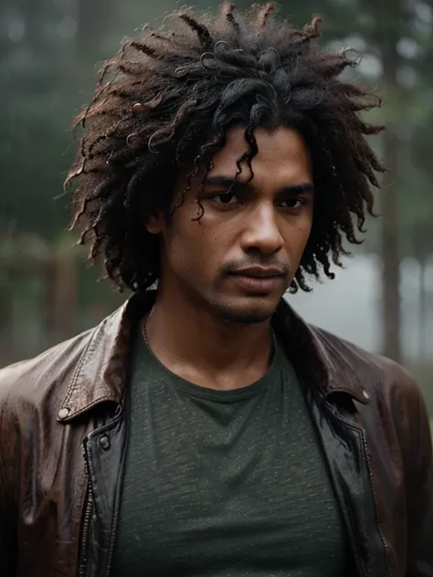 Rain, wilderness, man with leather jacket, afro hair, steamy, haze, Timeless, ethereal, Hyper-realistic, Ultra photo realism, tmasterpiece, 8k, in focus, Detailed hair, highly detailed, high quality, High definition, cinematic perspective, rainy weather