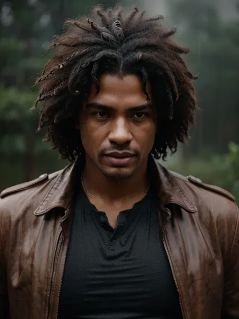 Rain, wilderness, man with leather jacket, afro hair, steamy, haze, Timeless, ethereal, Hyper-realistic, Ultra photo realism, tmasterpiece, 8k, in focus, Detailed hair, highly detailed, high quality, High definition, cinematic perspective, rainy weather