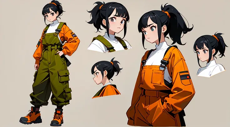 model sheet of a young woman, black hair, ponytail hairstyle, wearing orange overalls, with soldier shoes.