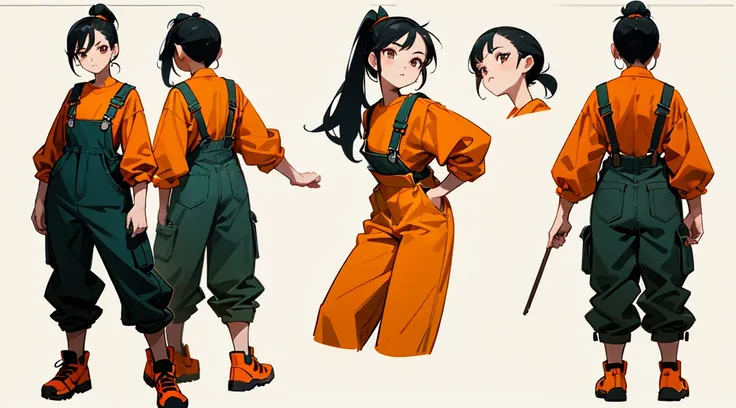 model sheet of a young woman, black hair, ponytail hairstyle, wearing orange overalls, with soldier shoes.