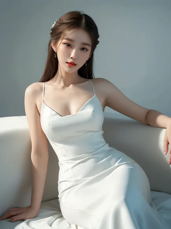 a close up of a woman in a white dress sitting on a couch, wearing along white dress, wearing white dress, a beautiful woman in white, ancient white dress, on a white table, female actress from korea, leslie zhang, opened dress, yang qi, jia ruan, white dr...