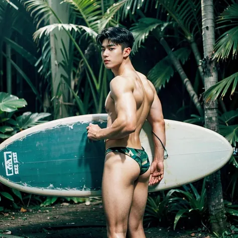 1 muscular male, 20 years old, symmetrical face, handsome face, perfect eyes, sparks, topless, ((lay around neck)), ((high waist micro g-string thongs)), (mens short black hair: 1.5), white skin, (short thin hair made of gray strands), (((in a jungle, with...