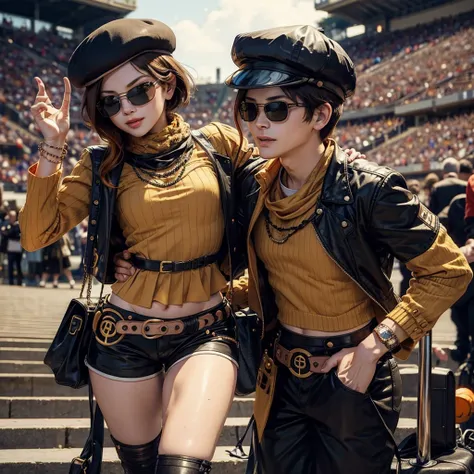 (masterpiece, best quality:1.2), cowboy shot, solo, 1girl, coco adel, grin, looking at viewer, hand on hip, beret, sunglasses, orange t-shirt , black gloves, shorts, jewelry, standing in stadium