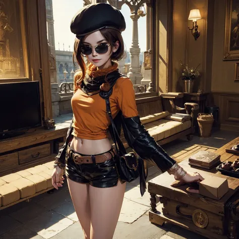 (masterpiece, best quality:1.2), cowboy shot, solo, 1girl, coco adel, grin, looking at viewer, hand on hip, beret, sunglasses, orange t-shirt , black gloves, shorts, jewelry, standing in stadium