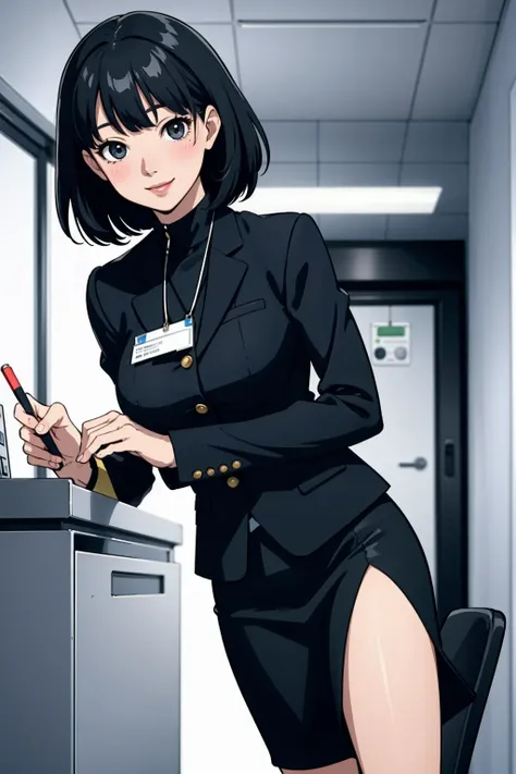 (modern office indoors), 1lady solo, (black medium hair) bangs, (suit jacket, pencil_skirt), (black pantyhorse), ((id card)), blush kind smile, (masterpiece best quality:1.2), delicate illustrations, high resolution, super detail, large breasts