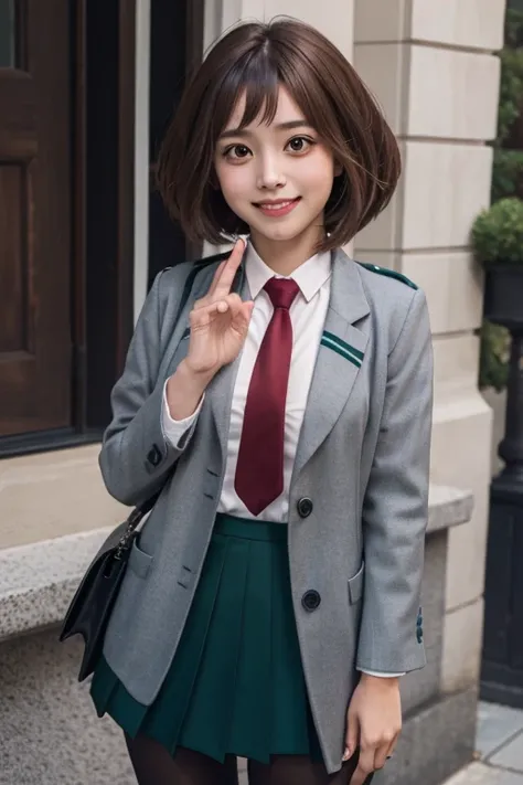 high definition, 8K, detailed face, Ochako Uraraka from My Hero Academia, full body, Deep brown eyes, (((school uniform)), pantyhose, green skirt, grey coat, tie, park, (medium breasts)), slim and thin, body of equal proportions, ((focus on her face)), fro...