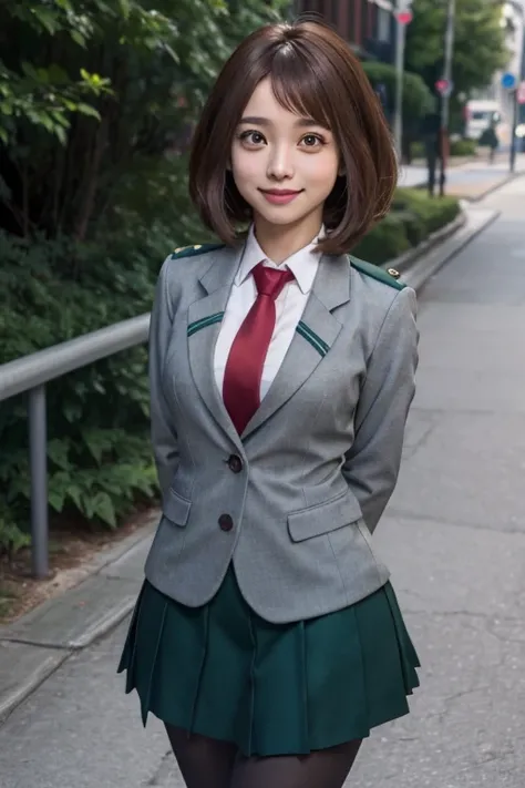 high definition, 8K, detailed face, Ochako Uraraka from My Hero Academia, full body, Deep brown eyes, (((school uniform)), pantyhose, green skirt, grey coat, tie, park, (medium breasts)), slim and thin, body of equal proportions, ((focus on her face)), fro...