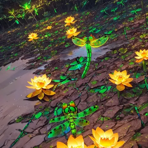 (glowing dragonfly:1.5)，natta，lotus flower