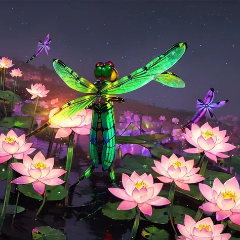 (glowing dragonfly:1.5)，natta，lotus flower