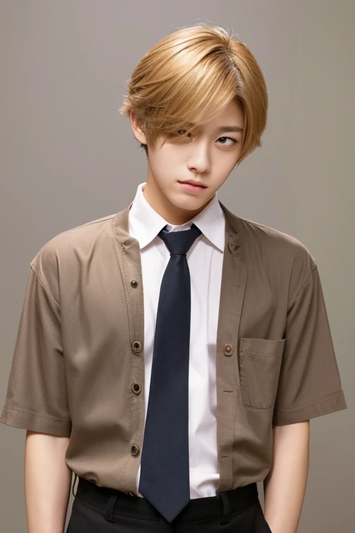 male,center parts,forehead,beautiful young man,japan america mix,teen age,like a girl,orange blond hair,light brown eyes,gray shirts,white necktie,long shot,black pants,from front,full body,double eyelids,angry