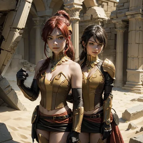 masterpiece, best quality, pyrrha nikos, ponytail, circlet, bustier, large breasts, skirt, elbow gloves, bracers, armored boots, upper body, holding shield, looking at viewer, furrowed brow, smile, sand dunes, pyramids, ruins