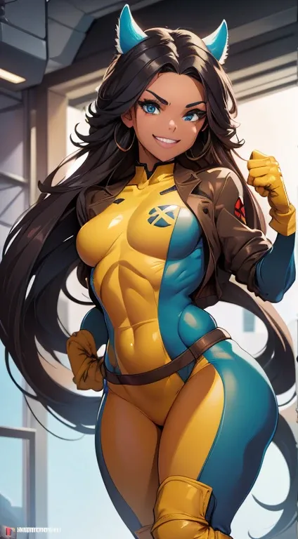 (best quality,8k,ultra-detalhado),(illustration,comic), WOLVERINE black woman SHOWING her claws in a tiny X-MAN UNIFORM with very small breasts and a mischievous smile,corpo molhado,cabelo longo, fantasia sombria,cores vibrantes,3D rendering,pintura