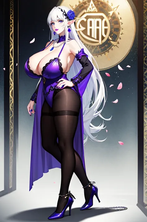 (standing on your feet),1 Elven female, jewelry, White hair, Solo, necklace, Very long hair,Princess hairstyle,Long hair, Earrings, Moles under the mouth, black fingernails, petals, Purple lips, elvish ears，(huge breasts:1.5),hair adornments, flower, black...