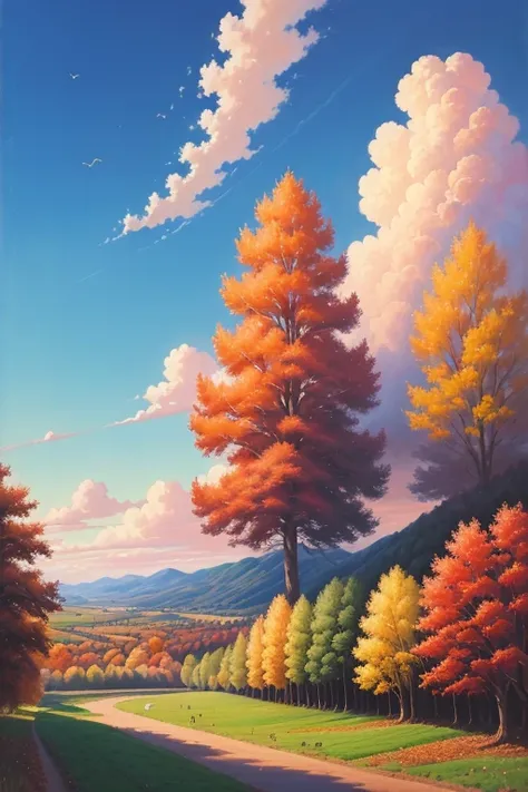 autumnal，landscape，oil painted，blue open sky，The sky is bigger