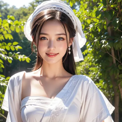 close up shot of a beauty girl 18yo white skin wear traditional europe long white dress clothes, intricate design, beauty eye and smiling face, daylight in deep forest, high detailed, 8k, realistic photograph