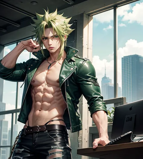 Highly detailed, (masterpiece), best quality, expressive eyes, perfect face, 1man, Long messy spiky wavy green raising hair, Cloud_Strife Green hair, green eyes, Bulky Body Builder Masculine body, Green leather Jacket & Jeans