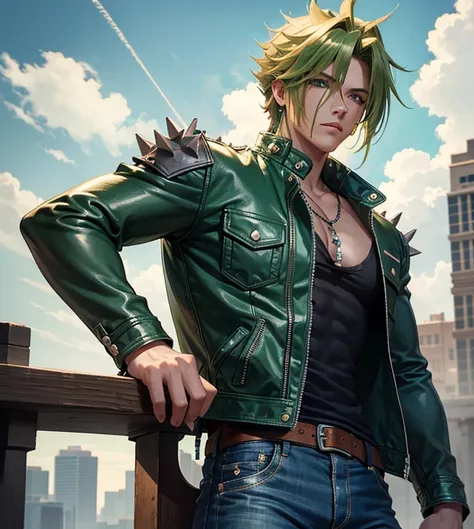 Highly detailed, (masterpiece), best quality, expressive eyes, perfect face, 1man, Long messy spiky wavy green raising hair, Cloud_Strife Green hair, green eyes, Bulky Body Builder Masculine body, Green leather Jacket & Jeans