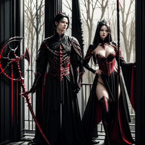 Evil empress with black hair and bright red eyes, Wears sexy lingerie. Carries a scythe in his hand