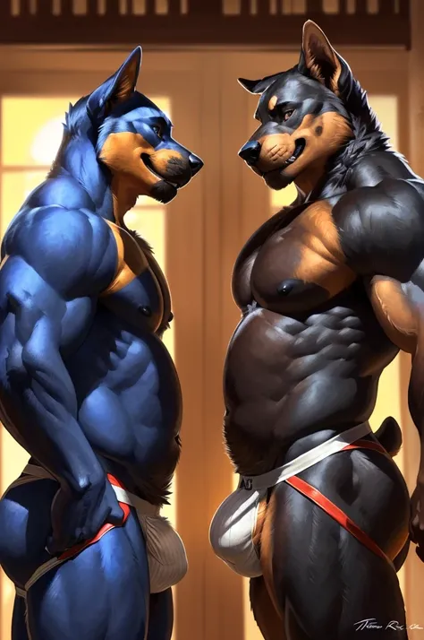 (duo, size difference, father and son:1.9) muscular anthro rottweiler, (looking at each other, presenting crotch side by side for the viewer:1.9). 4k, high resolution, best quality, posted on e621, solo, anthro body, anthro rottweiler, black and tan body,o...