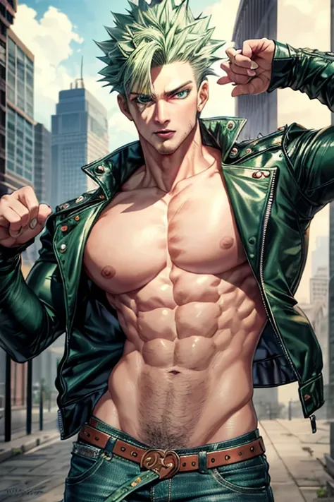 Highly detailed, (masterpiece), best quality, expressive eyes, perfect face, 1man, spiky raising hair, Green hair, green eyes, Bulky Body Builder Masculine body, Green leather Jacket & Jeans