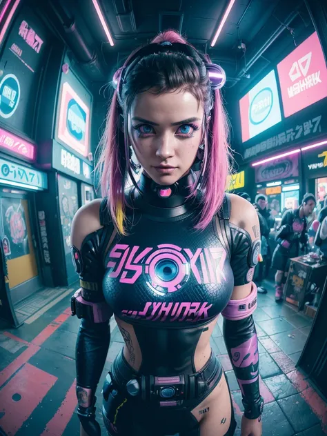 ((25 year old cyberpunk girls in a colorful Harajuku pop outfit)), ((((fisheye lens)))), Cowboy shot, the wind, Real Pile, big blue eyes, 8K, a perfect face, the perfect body, messy  hair, Highly detailed eyes, Highly detailed face, ((Cyberpunk 2077 citysc...