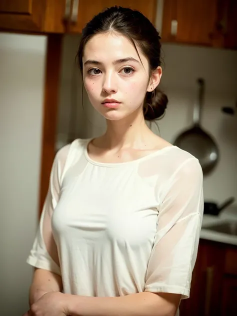 Solo, standing in the kitchen, girl, white shirt, milk drops on the chest of the shirt, (delicate illustration: 1.4), (renaissance art: 1.4), (masterpiece: 1.0), (best quality: 1.4), (super high) Resolution: 1.2), (Photorealistic: 1.4), (8K, RAW photo: 1.2...