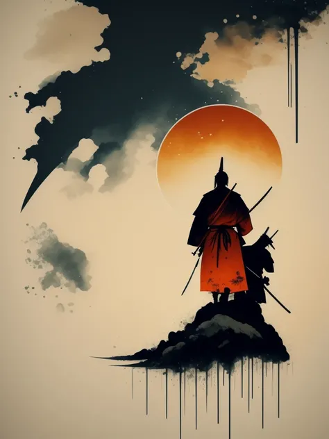 logo, un samurai mirando el horizonte fumandose un cigarrilo, tonalidades doradas y blancas, minimalista