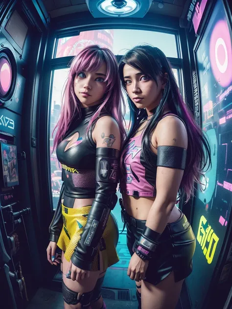 ((2 cyberpunk girls wearing colorful Harajuku style pop outfit)), ((((fisheye lens)))), cowboy shot, wind, messy hair, ((cyberpunk 2077 cityscape)), (cyberpunk aesthetics and atmosphere:1.3), bright colors, smiling, ((cinematic lighting))