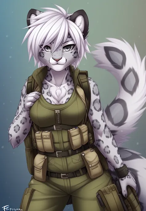 by fluff-kevlar, (best quality, masterpiece:1), solo, anthro, furry, female, ((Snow Leopard)), grey eyes, white hair, short hair, portrait, fingers, finger claws, looking at viewer, snow leopard tail, ((huge tuft of hair on the chest)), ((Military uniform)...