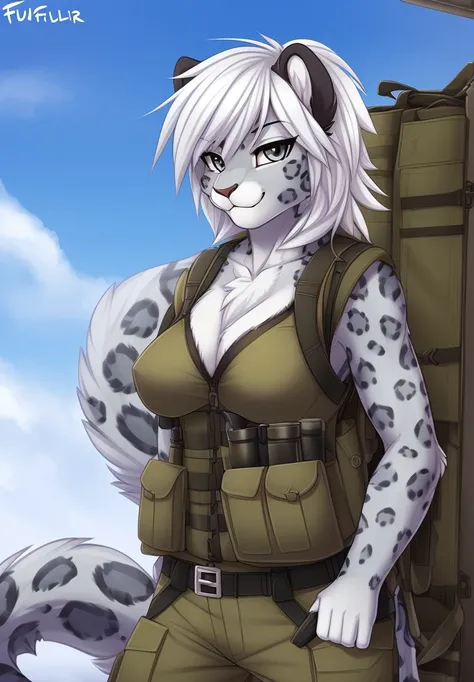 by fluff-kevlar, (best quality, masterpiece:1), solo, anthro, furry, female, ((Snow Leopard)), grey eyes, white hair, short hair, portrait, fingers, finger claws, looking at viewer, snow leopard tail, ((huge tuft of hair on the chest)), ((Military uniform)...