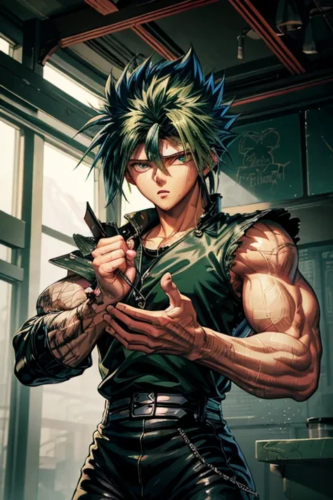 Highly detailed, (masterpiece), best quality, expressive eyes, perfect face, 1man, Long messy spiky wavy green raising hair, Cloud_Strife Green hair, green eyes, Bulky Body Builder Masculine body, Green leather Jacket & Jeans