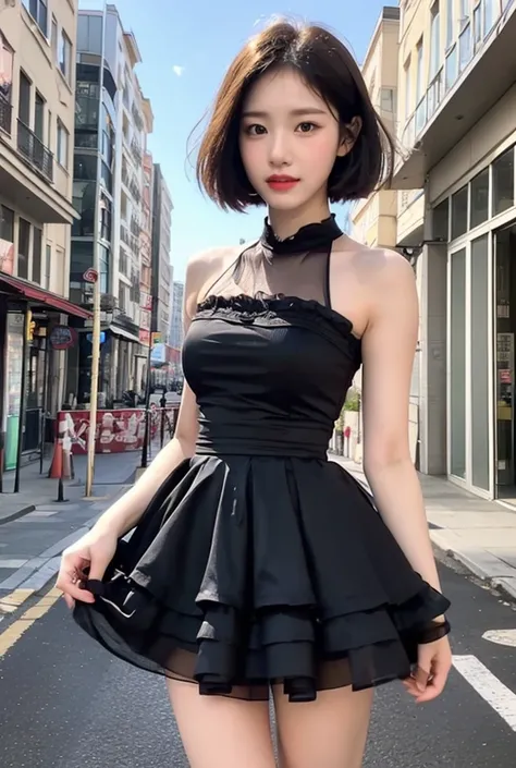 Black dress posing for photo, beautiful asian girl, Korean girl, cute thin face of girl, young woman, short hair, sakimichan, ((best quality, 8k, masterpiece: 1.3)), focus: 1.2, perfect body beauty: 1.4, buttocks: 1.2, ((layered haircut, beautiful breasts:...