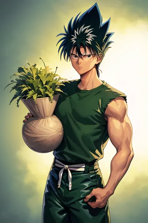 Highly detailed, (masterpiece), best quality, expressive eyes, perfect face, 1man, Long messy spiky wavy green raising hair, Hiei Green hair, green eyes, Bulky Body Builder Masculine body, Green leather Jacket & Jeans