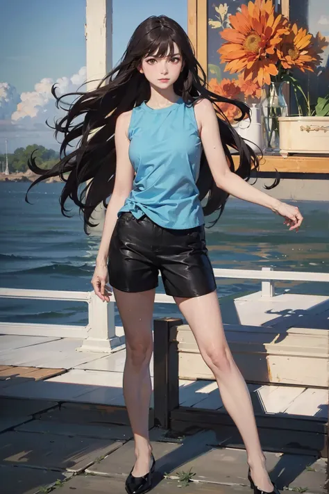 (FULL BODYSHOT、an oil painting、​masterpiece、top-quality、hight resolution、Dark hair、Super long hair、Bangs are aligned、Bad mood、Blue shirt、sleeveless black shorts、Sweaty skin、coast sky、lightly dressed、