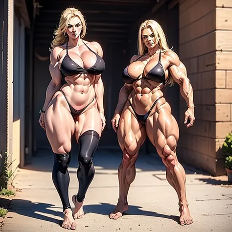 (Eine detaillierte Zeichnung von weiblicher blonden Bodybuilder,lange Haare , female Bodybuilding , bodybuilding gym.), shirtless, barefoot,Full body image