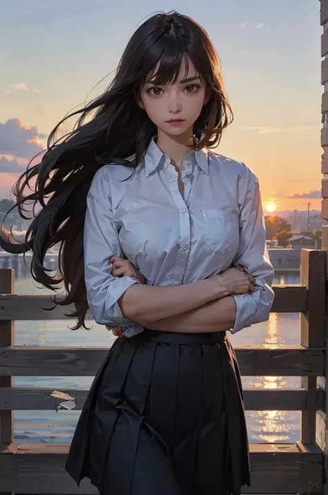 (FULL BODYSHOT、an oil painting、​masterpiece、top-quality、hight resolution、Dark hair、Super long hair、Bangs are aligned、Bad mood、Blue shirt、Black skirt、Sweaty skin、Sunset sky、Thick