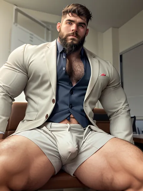 Hot, Muscular, beefy, bear body, man, classroom, college professor, sitting on table, formal blazer, jockstrap, naked ass, hairy chest, hairy tummy, hairy legs, big thighs, big ass, beard, cute face, handsome,  bulge