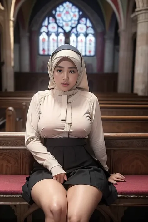 Beautiful Malay woman wearing Malay gamis with black hijab, watery eyes, lips watery, lip glossy, ((big breast)), highlighting her seductive silhouette, no underwear, shy, medium portrait shot, watery eyes, proportional body, (pose:Sitting on the Church pu...