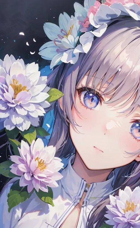 anime girl with flowers in her hair and blue eyes, anime art wallpaper 4 k, anime art wallpaper 4k, anime style 4 k, detailed digital anime art, anime art wallpaper 8 k, anime wallpaper 4k, anime wallpaper 4 k, best anime 4k konachan wallpaper, detailed po...