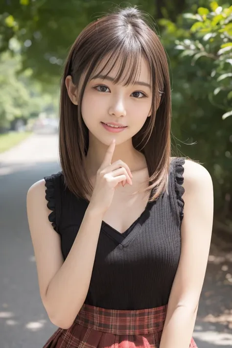 (Happy expression on face), Raw photography, (glistning skin), 女の子1人, ((28-year-old woman)), bright expression, ((brown haired)), Raise hair, ample breasts, Plaid pleated skirt, ((ultra-detailliert)), (Perfectly detailed face), (Detailed hand), (Detailed f...