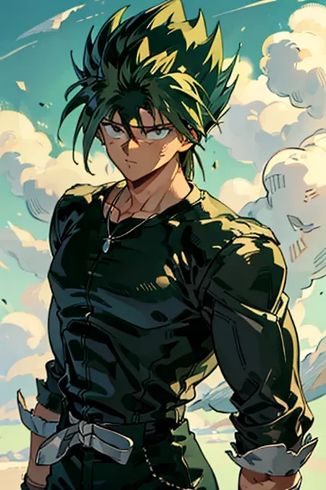 Highly detailed, (masterpiece), best quality, expressive eyes, perfect face, 1man, Long messy spiky wavy green raising hair, Cloud_Strife Green hair, green eyes, Bulky Body Builder Masculine body, Green leather Jacket & Jeans