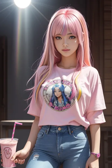 anipoma1,(masterpiece, best illustration, best manga), solo, 1girl, violet eyes, (shiny skin, soft hair), (holding a milkshake), freckles, (bright pink two tone hair:1.3), (wearing a led zepplin tshirt, denim jeans), (extreme light and shadow, volumetric l...