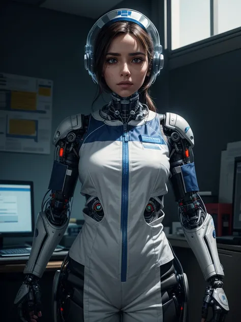 Cinematic Waist Up Portrait of modest Palestinian female cyborg nurse in a small city clinic, wears cybernetic clear full  faceshield, detailed face, detailed cybernetic enhanced blue retinas, insanely detailed and intricate scene and cybernetic limbs, don...