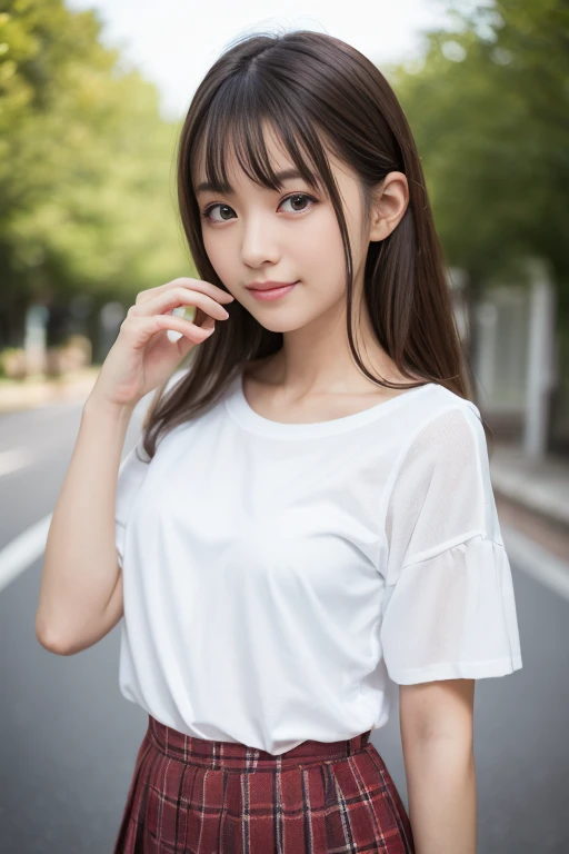 (Happy expression on face), Raw photography, (glistning skin), 女の子1人, ((28-year-old woman)), bright expression, ((brown haired)), Raise hair, ample breasts, Plaid pleated skirt, ((ultra-detailliert)), (Perfectly detailed face), (Detailed hand), (Detailed f...