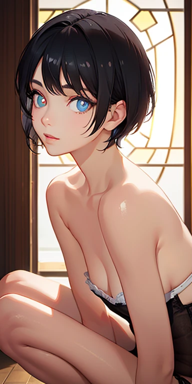 baby face, small breasts, short black hair,pixie cut, (photorealistic:1.4), (masterpiece, sidelights, exquisite beautiful eyes: 1.5), masterpiece*portrait, realistic, 3D face,kawaii face, (glowing eyes:1.5),(tareme:1.5)、 shiny hair, shiny oil skin: 1.5,sol...