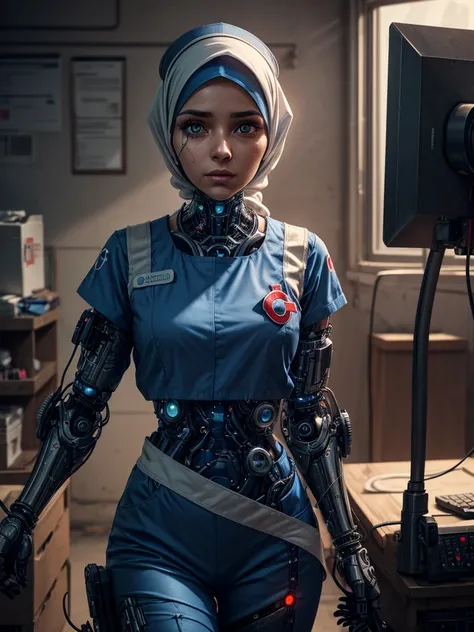 Cinematic Waist Up Portrait of modest Palestinian female cyborg nurse donning hijab and red crescent uniform in a small city clinic, wears cybernetic clear full  faceshield, detailed face, detailed cybernetic enhanced blue retinas, insanely detailed and in...