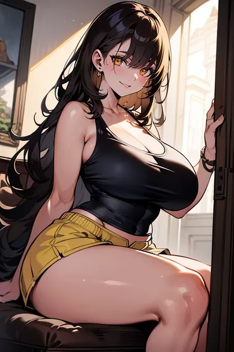 (masterpiece), best quality, Detailed, Ultra-Detailed, Digital Art, Detailed Face, (Hyper-Detailed Eyes:1.2), (Absurdres:1.2), (Realism:1.2), (Realisitc:1.2), expressive eyes, perfect face, massive breasts, very curvy, long brown hair, yellow eyes, gyaru, ...