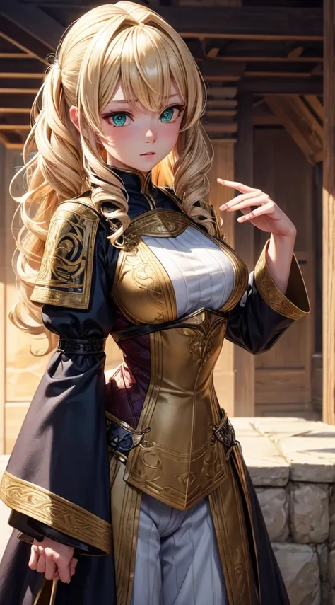 1girl in, masutepiece, Best Quality, 8K, Detailed skin texture, Detailed Cloth Texture, beautifull detailed face, Intricate details, ultra-detailliert, European girl, Green eyes, Blonde Curly Hai, 3dcharacter, medieval knight