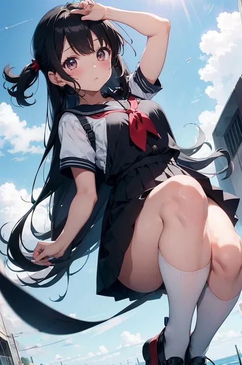 girl with black hair、a sailor suit、She lifts her skirt to reveal her white underwear.、Crying face、Cloudy juice dripping down my legs、hight resolution、hight resolution、high-level image quality